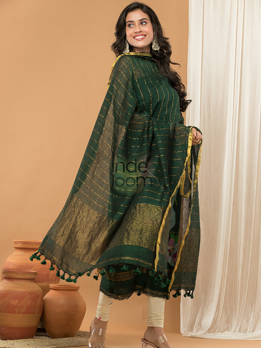 Deep Green color  Jamdani 2-Piece Set Kurti & Dupatta (UNSTITCHED) - 164
