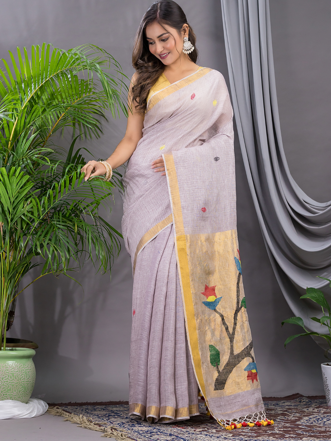 Linen Jamdani Saree With Pale Purple - 030