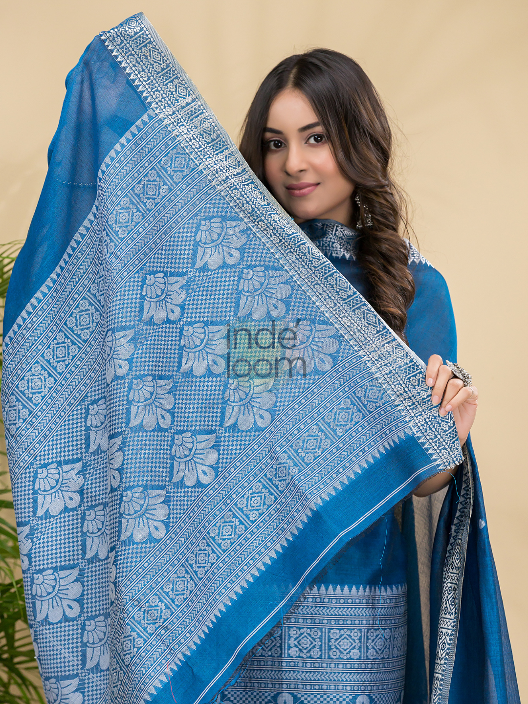 Classic Blue Mercerised Cotton Baluchari 2-Piece Set Kurti Dupatta (UNSTITCHED)-888
