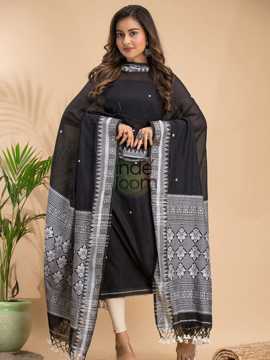 Coal Black Muslin Cotton X Baluchari 2-Piece Set Kurti & Dupatta (UNSTITCHED) - 029