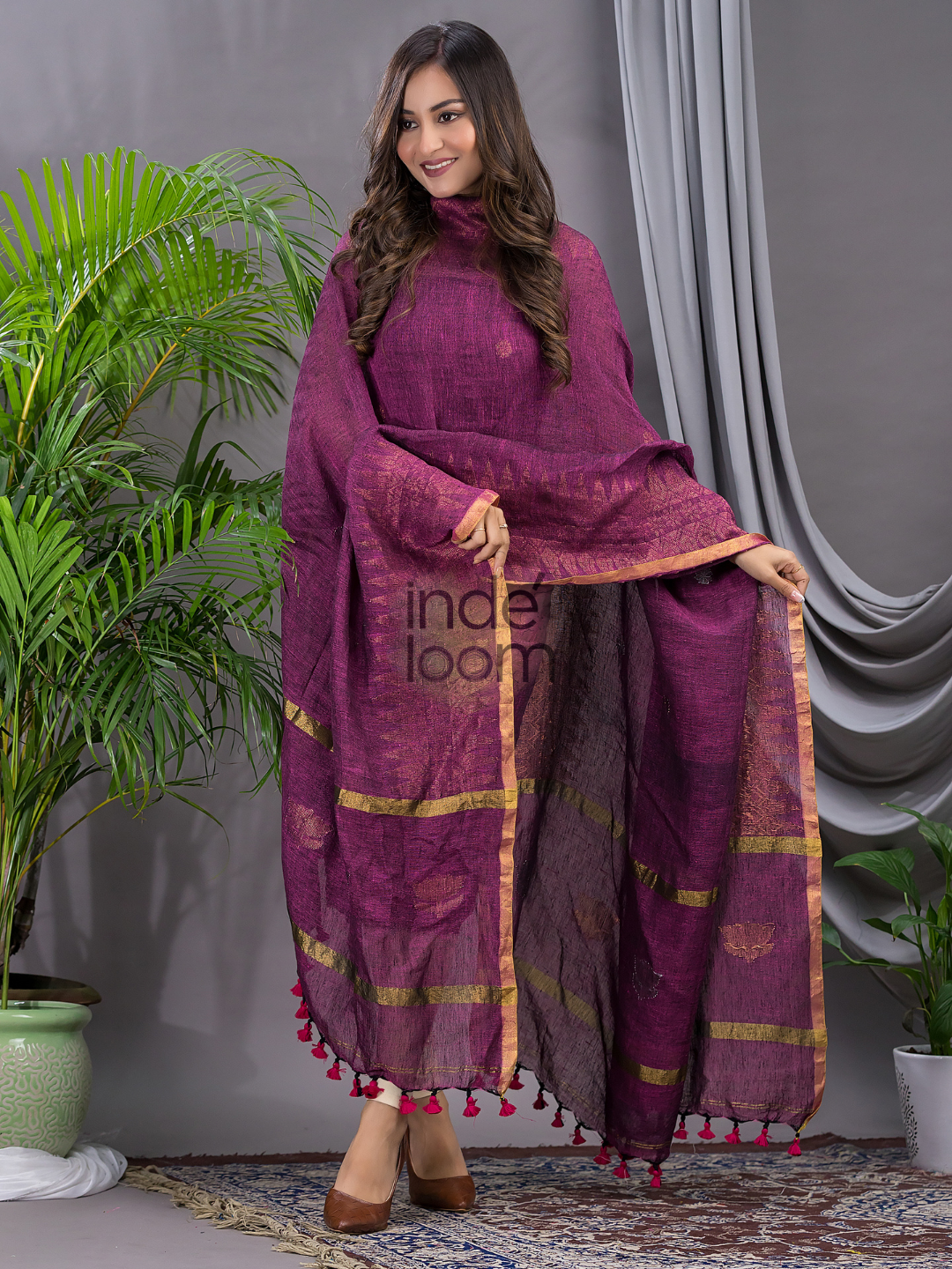 Burgundy Plum | Handloom Jamdani Silk-Cotton Unstitched 2-Piece Kurti | Meenakari Design