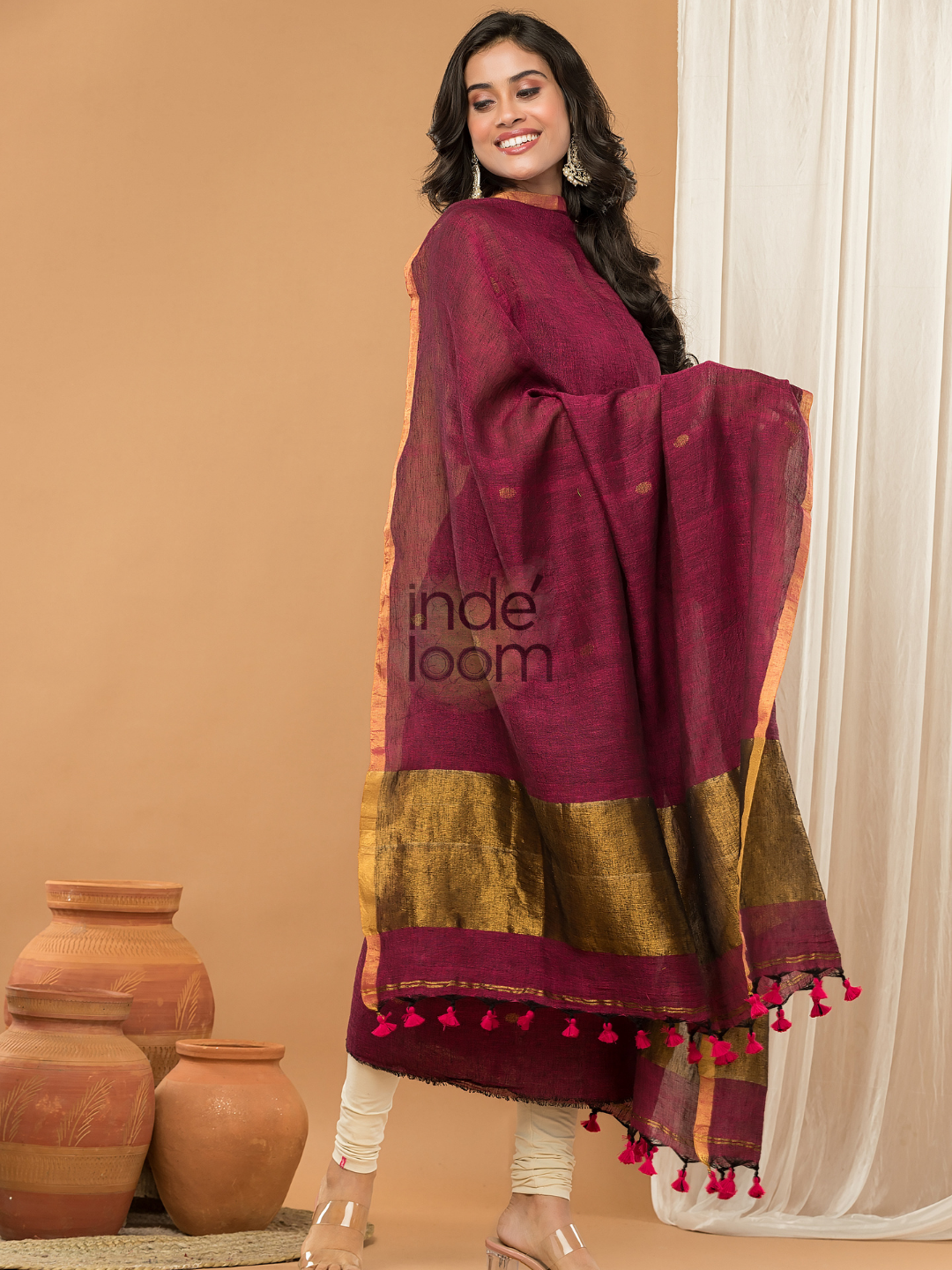Linen Jamdani Unstitched 2-Piece Kurti  |  Wine Red