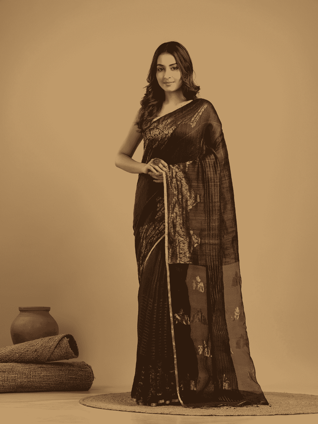 Matka Silk Jamdani Saree With Dark Brown and Black - 029 - indeloom
