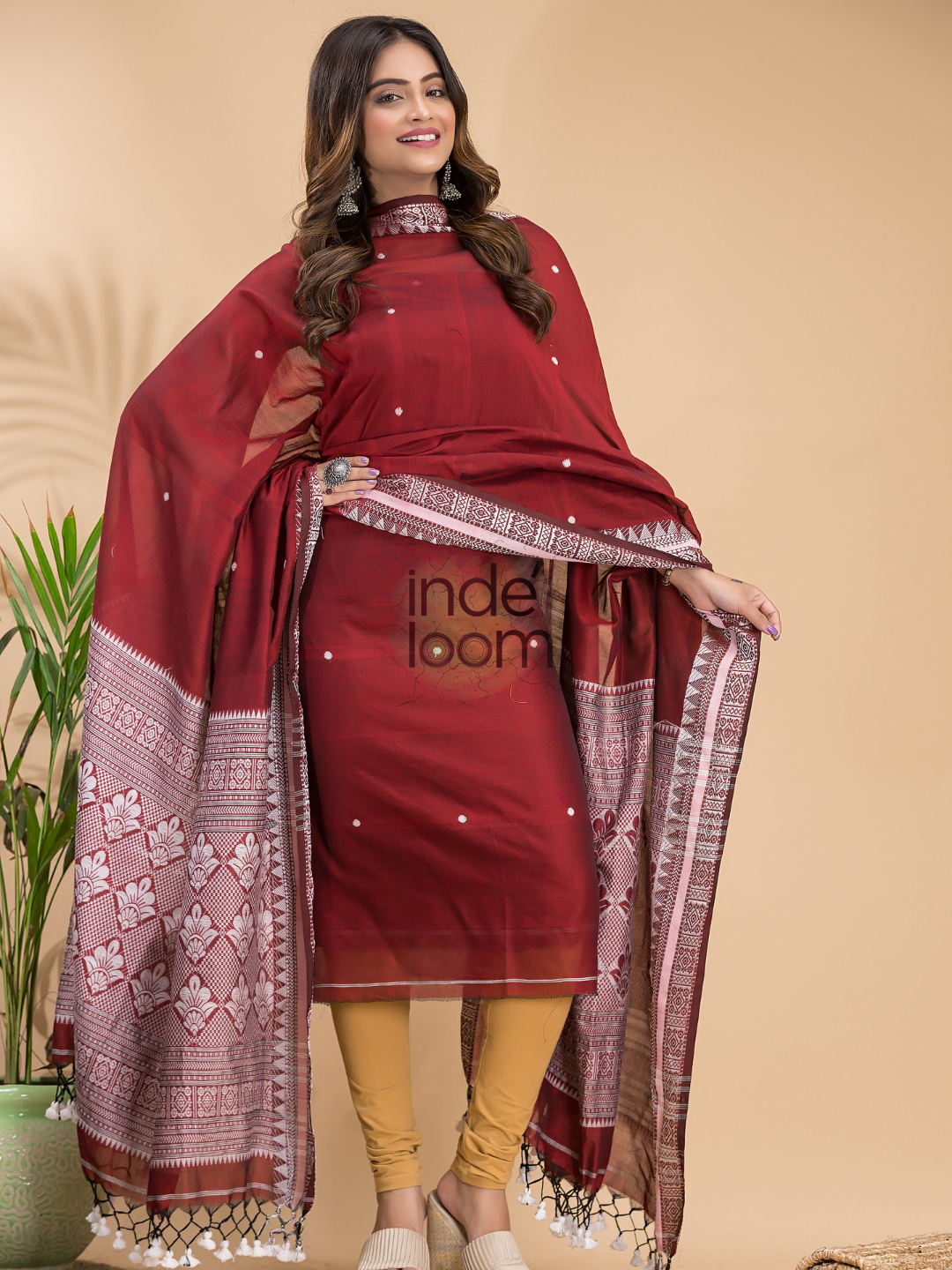 Ruby Red Muslin Cotton X Baluchari 2-Piece Set Kurti & Dupatta (UNSTITCHED) - 030