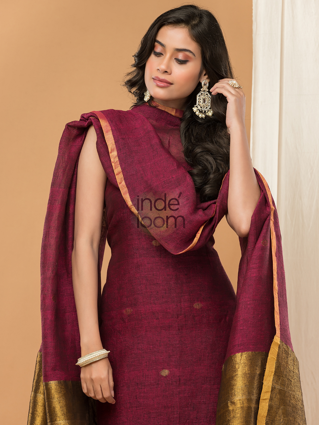 Linen Jamdani Unstitched 2-Piece Kurti  |  Wine Red
