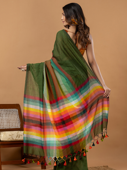 Pure Handloom Mul Cotton Saree | Forest Green