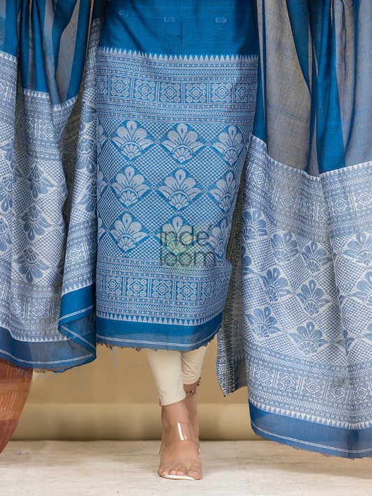 Classic Blue Mercerised Cotton Baluchari 2-Piece Set Kurti Dupatta (UNSTITCHED)-888