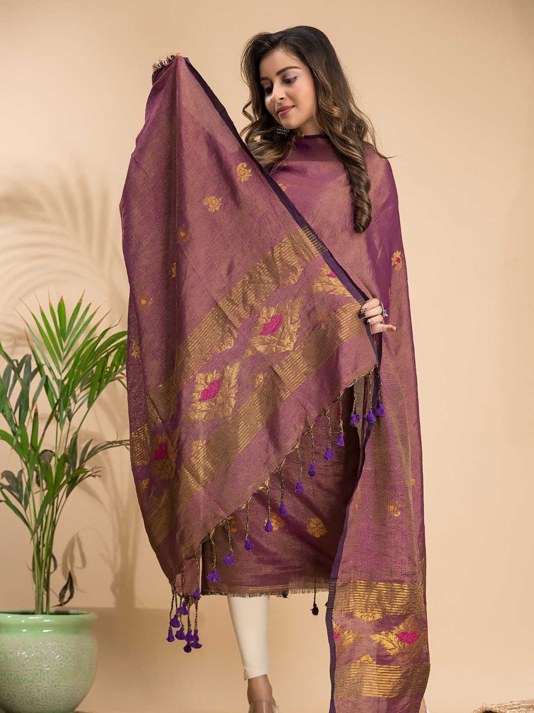 Umber Brown Tissue Linen 2-Piece Set Kurti & Dupatta (UNSTITCHED) - 108