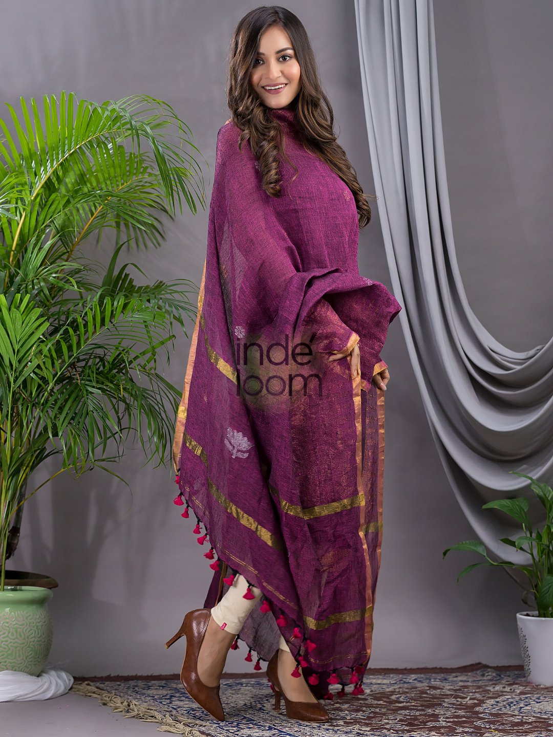 Burgundy Plum | Handloom Jamdani Silk-Cotton Unstitched 2-Piece Kurti | Meenakari Design