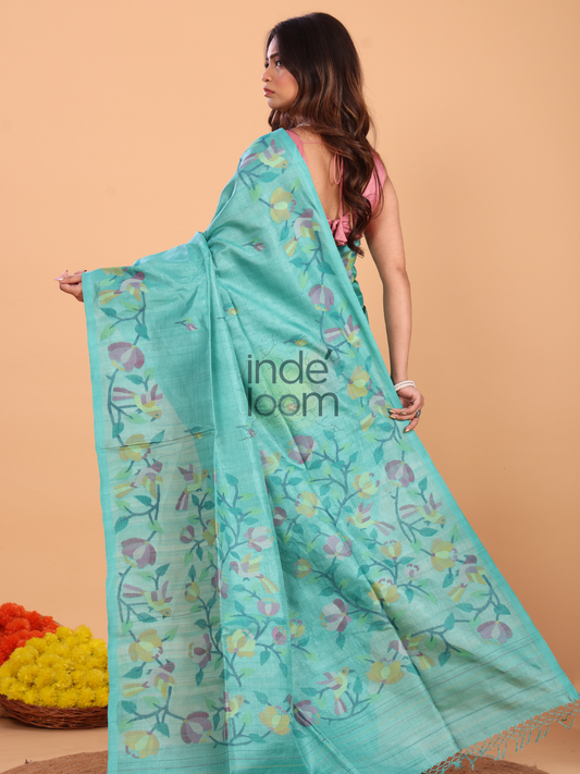 Silk Jamdani Saree With Burgundy Powder Blue - 159