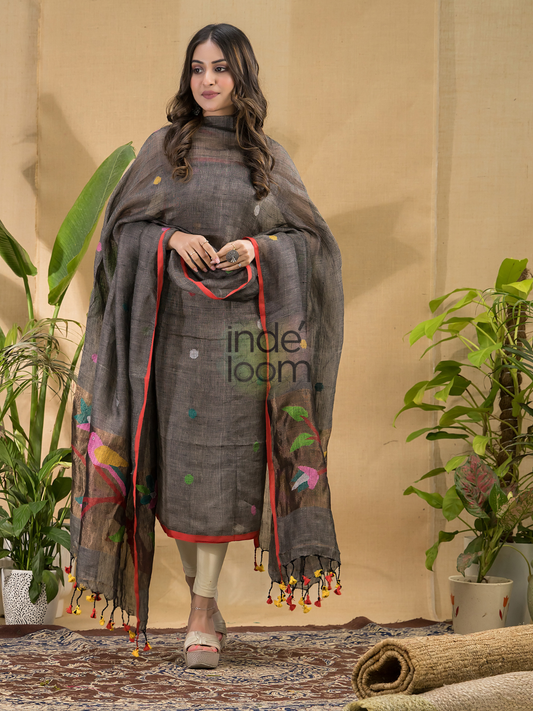 Handwoven Jamdani Muslin Unstitched 2-piece Kurti  |  Charcoal Grey
