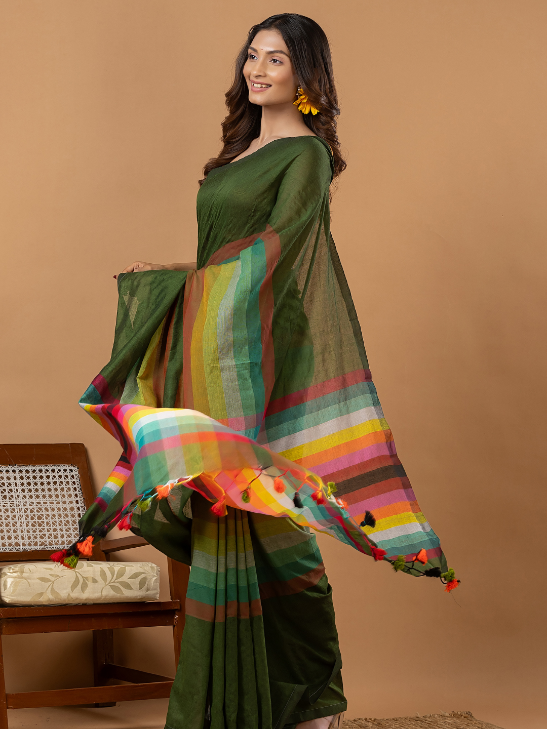 Pure Handloom Mul Cotton Saree | Forest Green