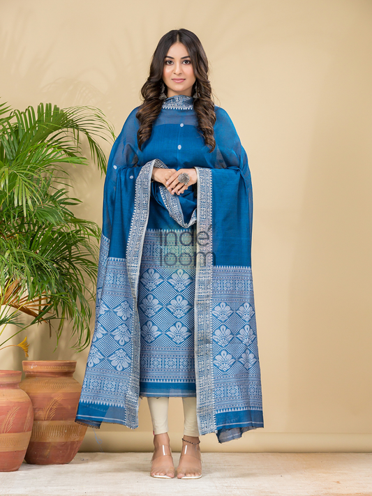 Classic Blue Mercerised Cotton Baluchari 2-Piece Set Kurti Dupatta (UNSTITCHED)-888