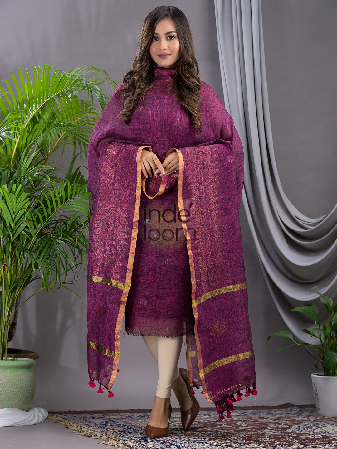 Burgundy Plum | Handloom Jamdani Silk-Cotton Unstitched 2-Piece Kurti | Meenakari Design