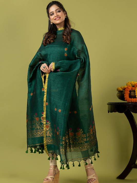 Handwoven Jamdani Linen Unstitched 2-piece Kurti | Emerald Green