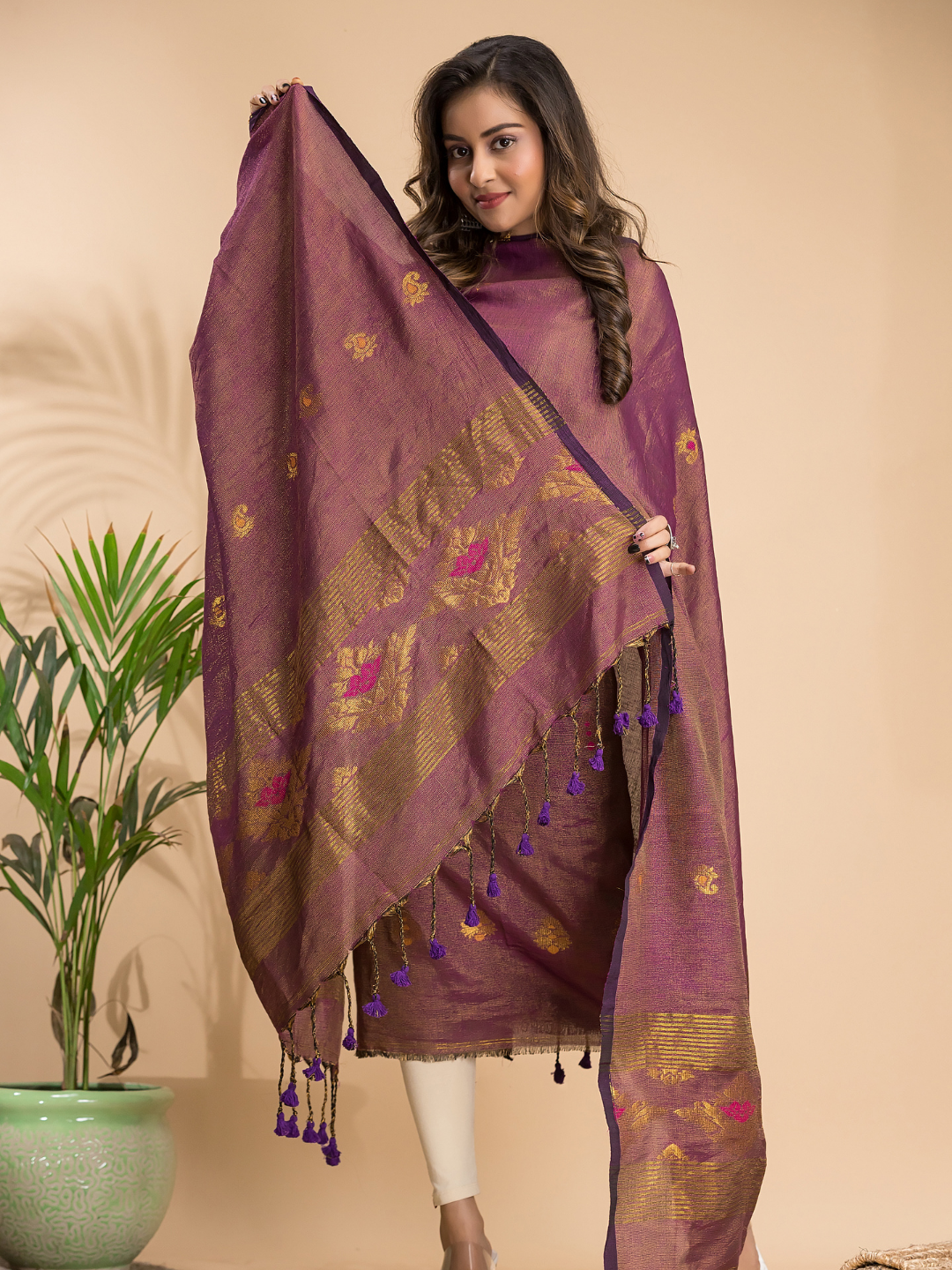 Umber Brown Tissue Linen 2-Piece Set Kurti & Dupatta (UNSTITCHED) - 108