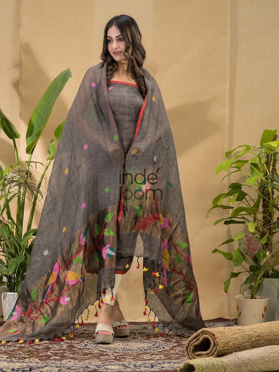 Smoke Black Jamdani 2-Piece Set Kurti & Dupatta (UNSTITCHED) -736