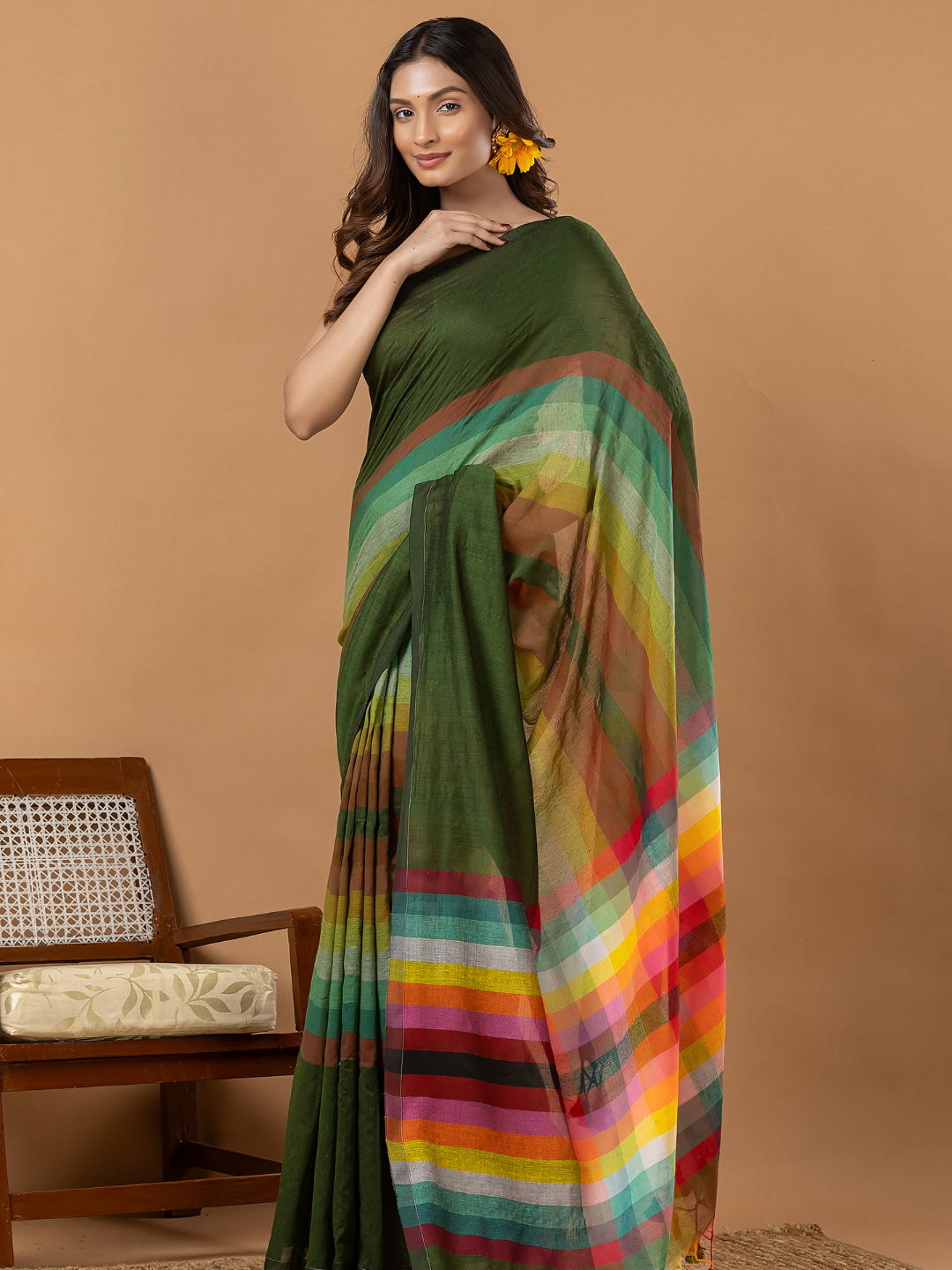Pure Handloom Mul Cotton Saree | Forest Green