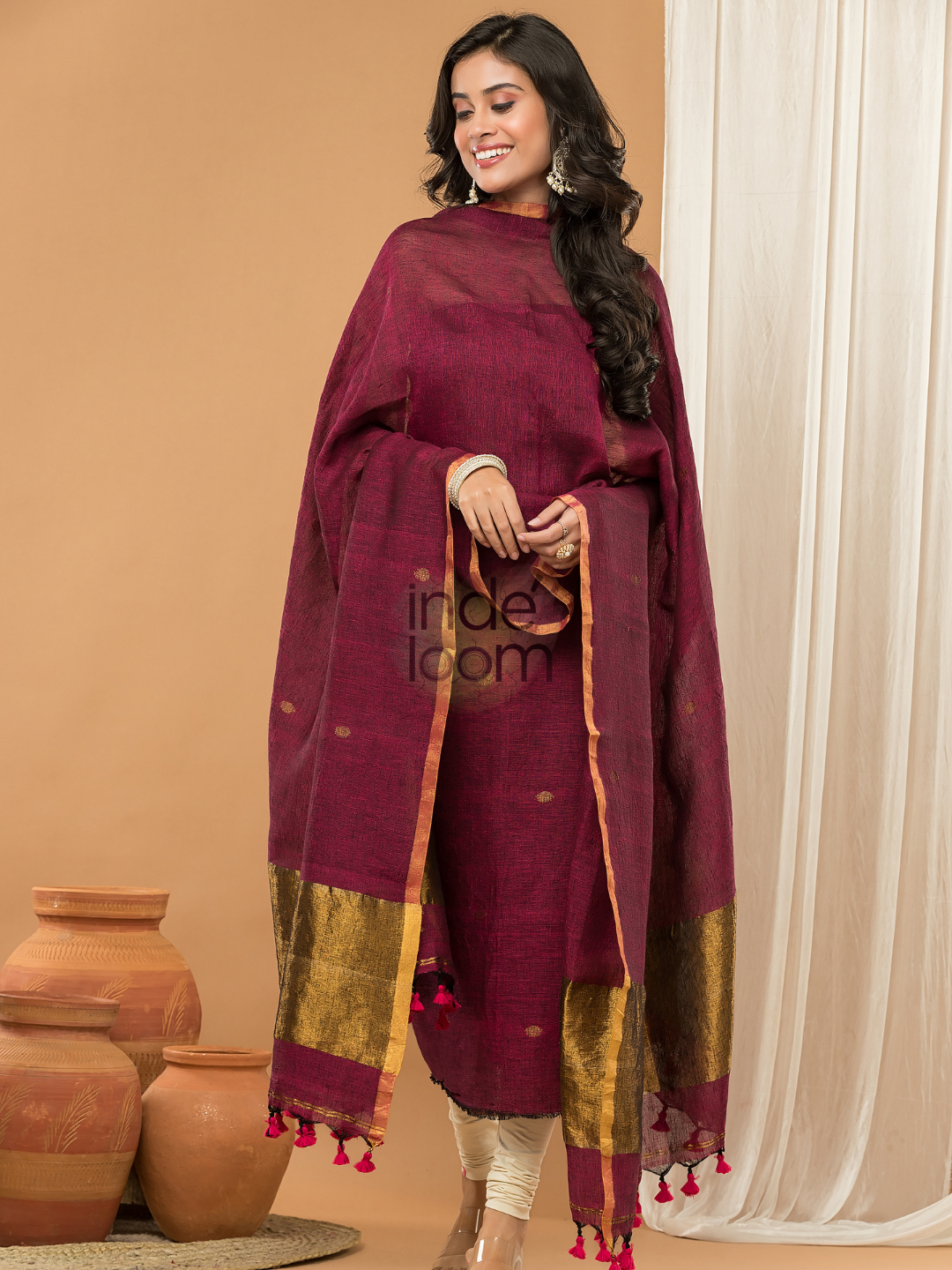 Linen Jamdani Unstitched 2-Piece Kurti  |  Wine Red