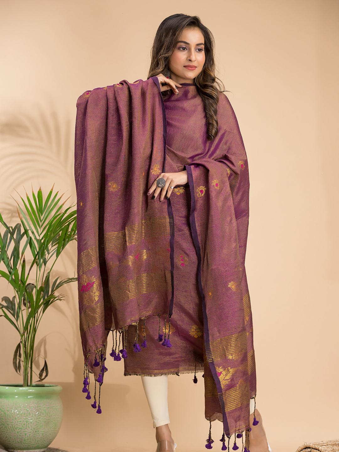 Umber Brown Tissue Linen 2-Piece Set Kurti & Dupatta (UNSTITCHED) - 108