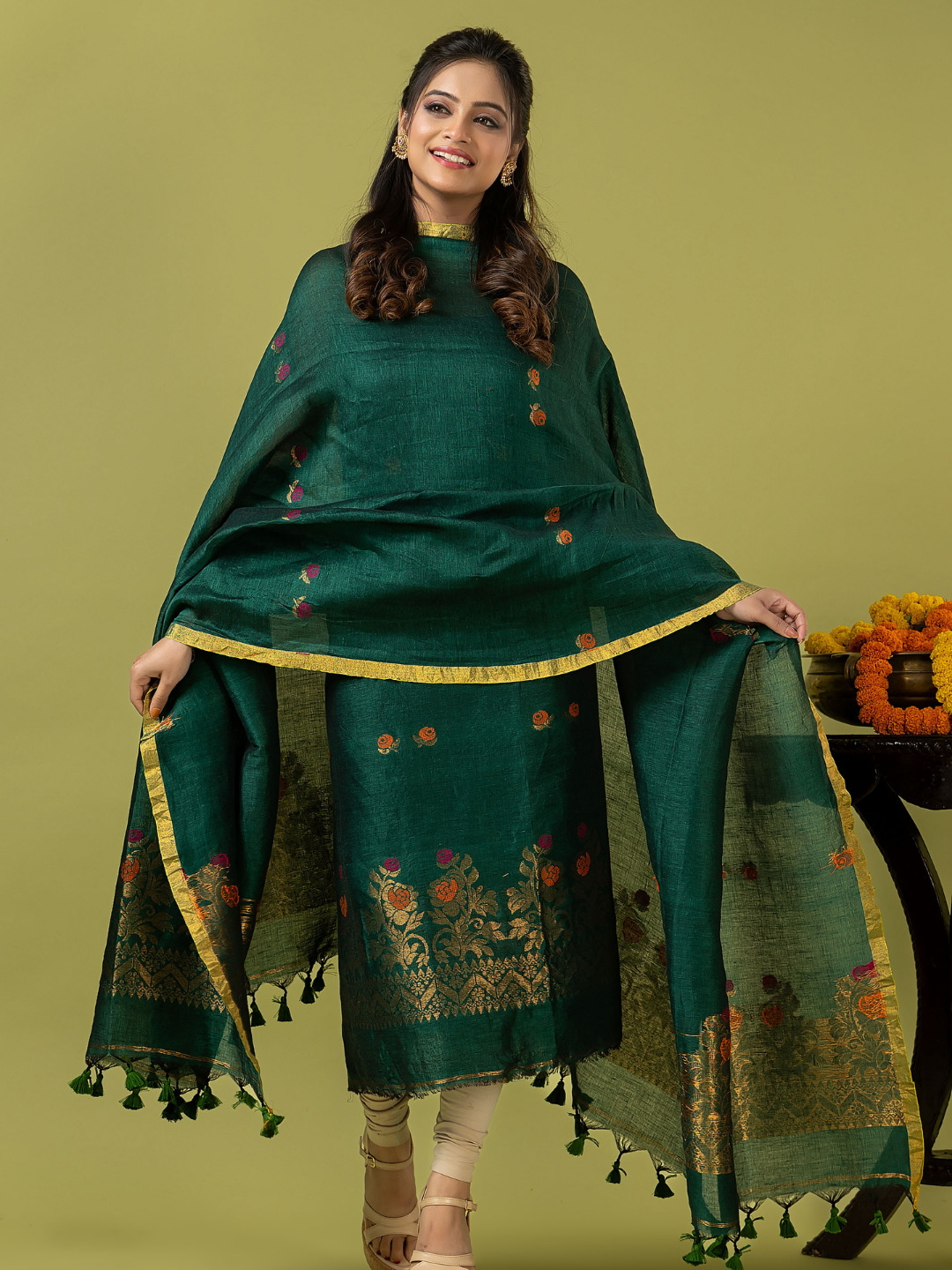 Handwoven Jamdani Linen Unstitched 2-piece Kurti | Emerald Green