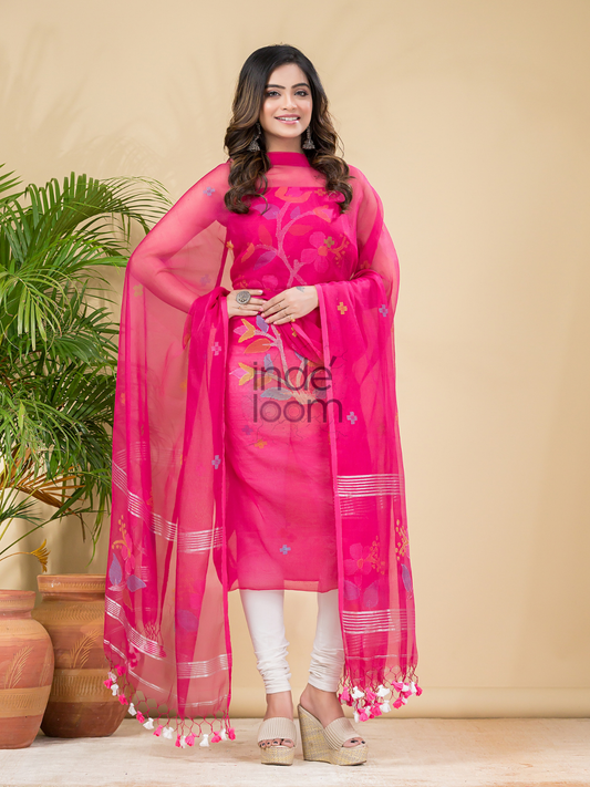 Handwoven Jamdani Muslin Unstitched 2-piece Kurti  |  Magenta Pink