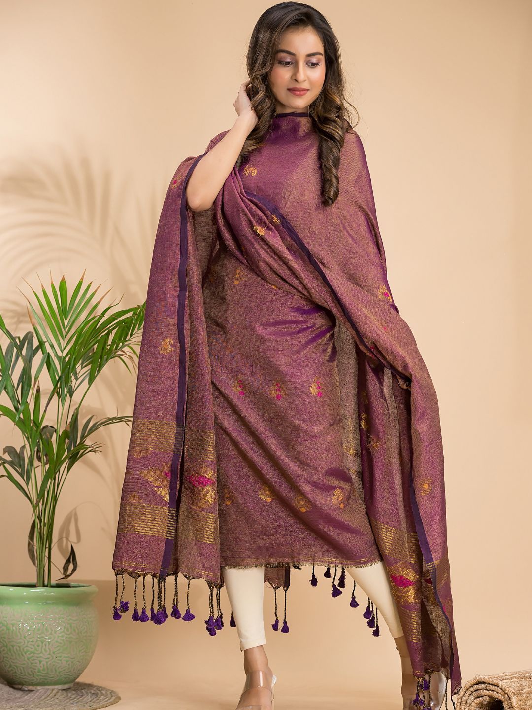 Umber Brown Tissue Linen 2-Piece Set Kurti & Dupatta (UNSTITCHED) - 108