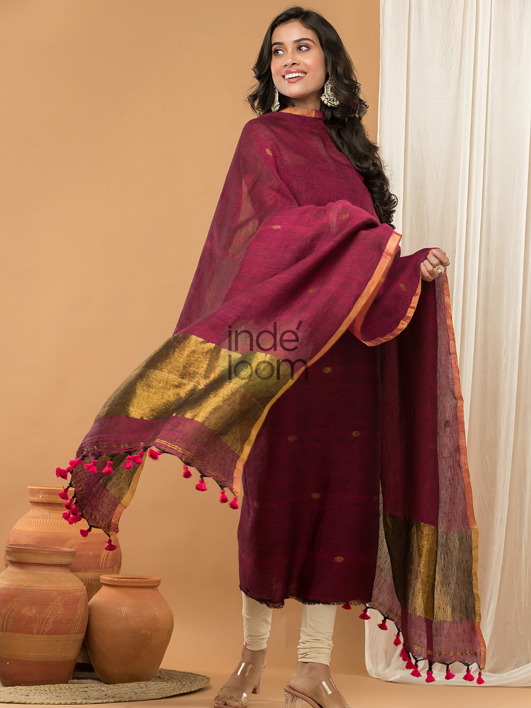 Linen Jamdani Unstitched 2-Piece Kurti  |  Wine Red