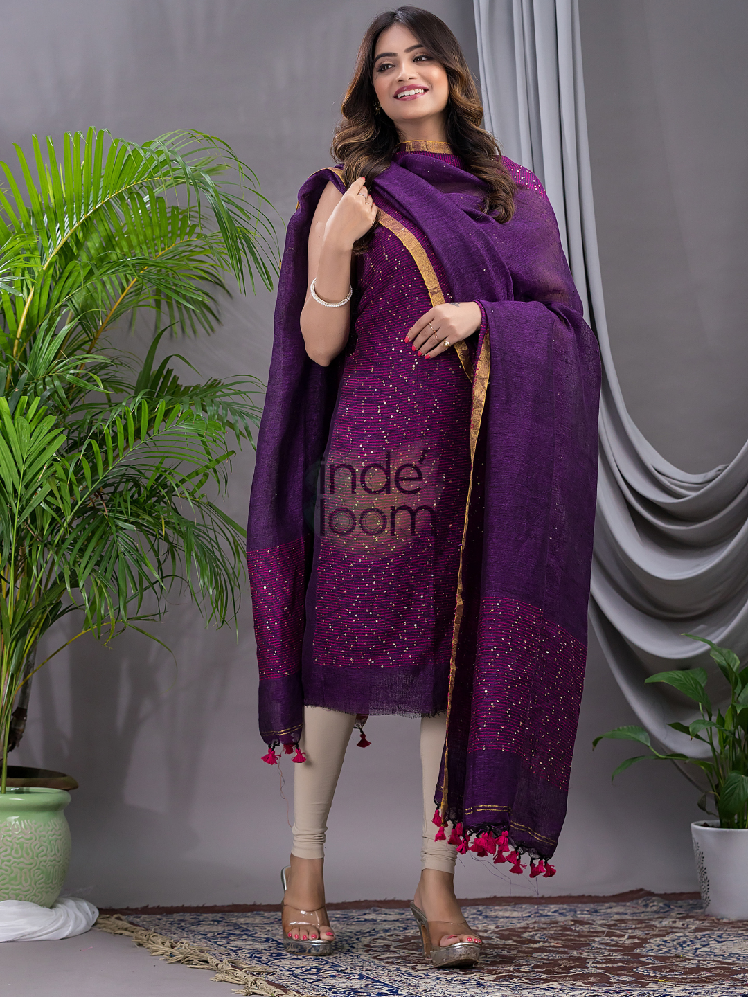 Wine Purple Linen X Linen 2-Piece Set Kurti & Dupatta (UNSTITCHED) - 129