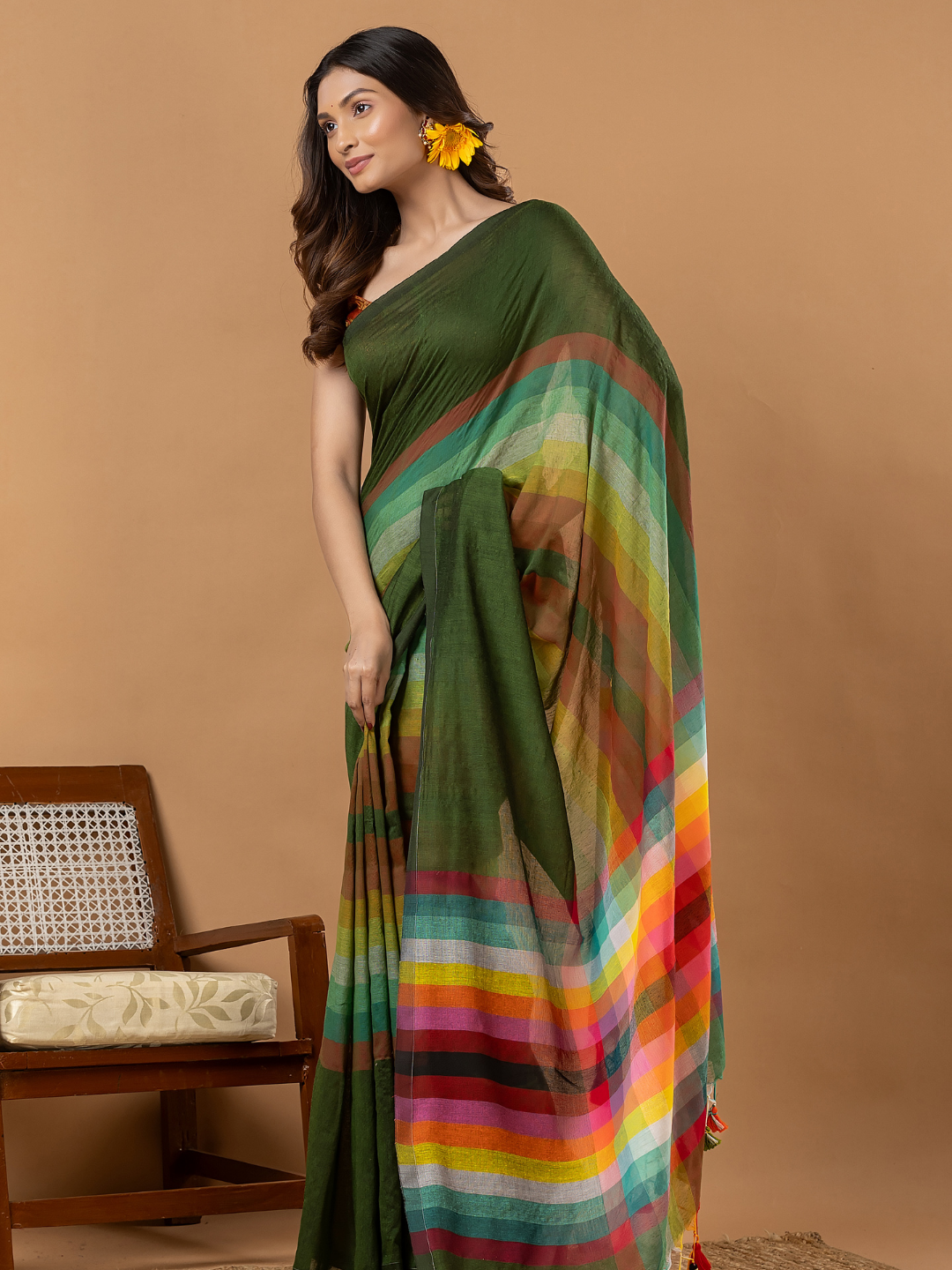 Pure Handloom Mul Cotton Saree | Forest Green