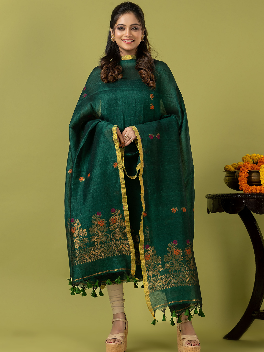 Handwoven Jamdani Linen Unstitched 2-piece Kurti | Emerald Green