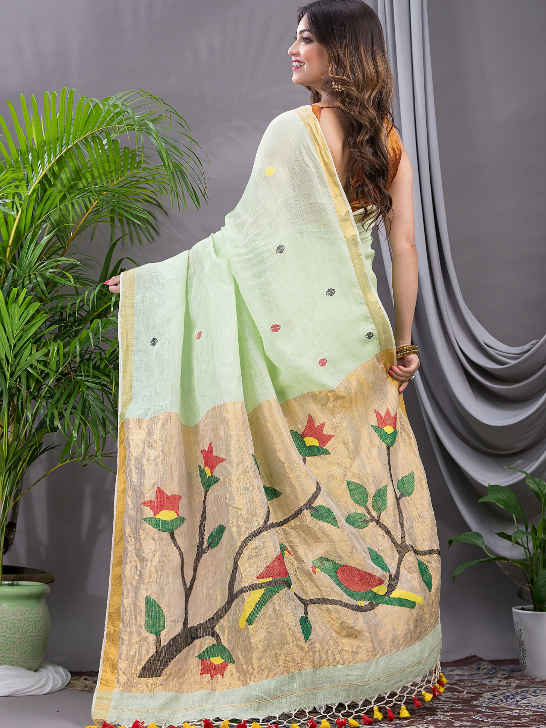 Linen Jamdani Saree With Light Green - 031