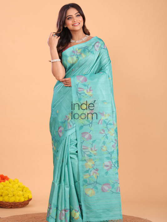 Silk Jamdani Saree With Burgundy Powder Blue - 159