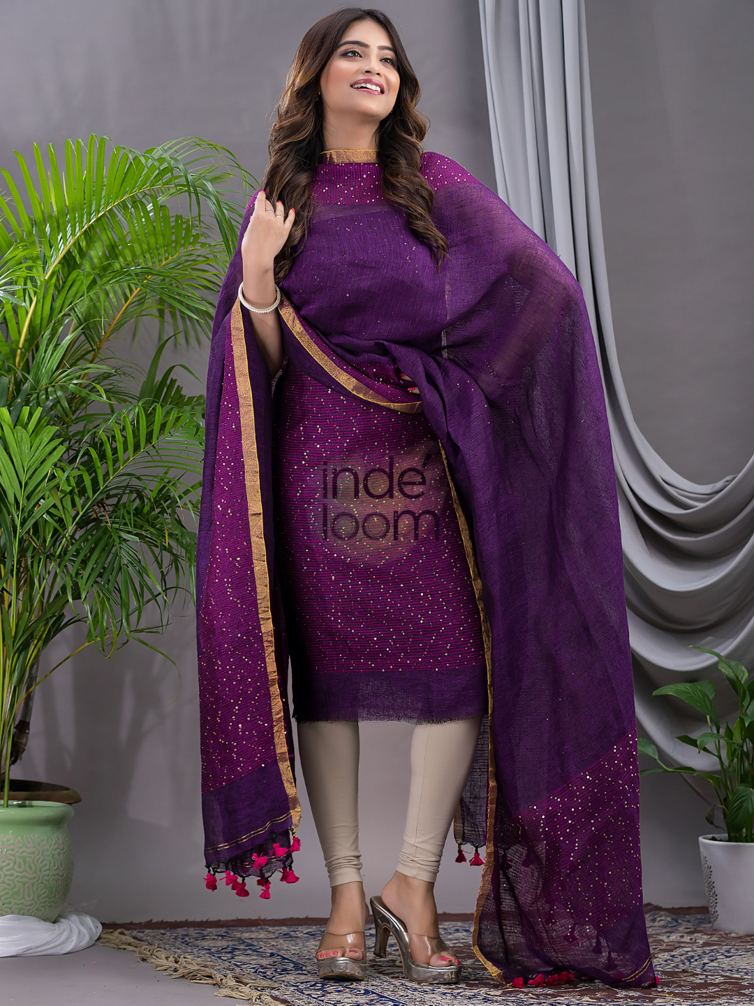 Wine Purple Linen X Linen 2-Piece Set Kurti & Dupatta (UNSTITCHED) - 129