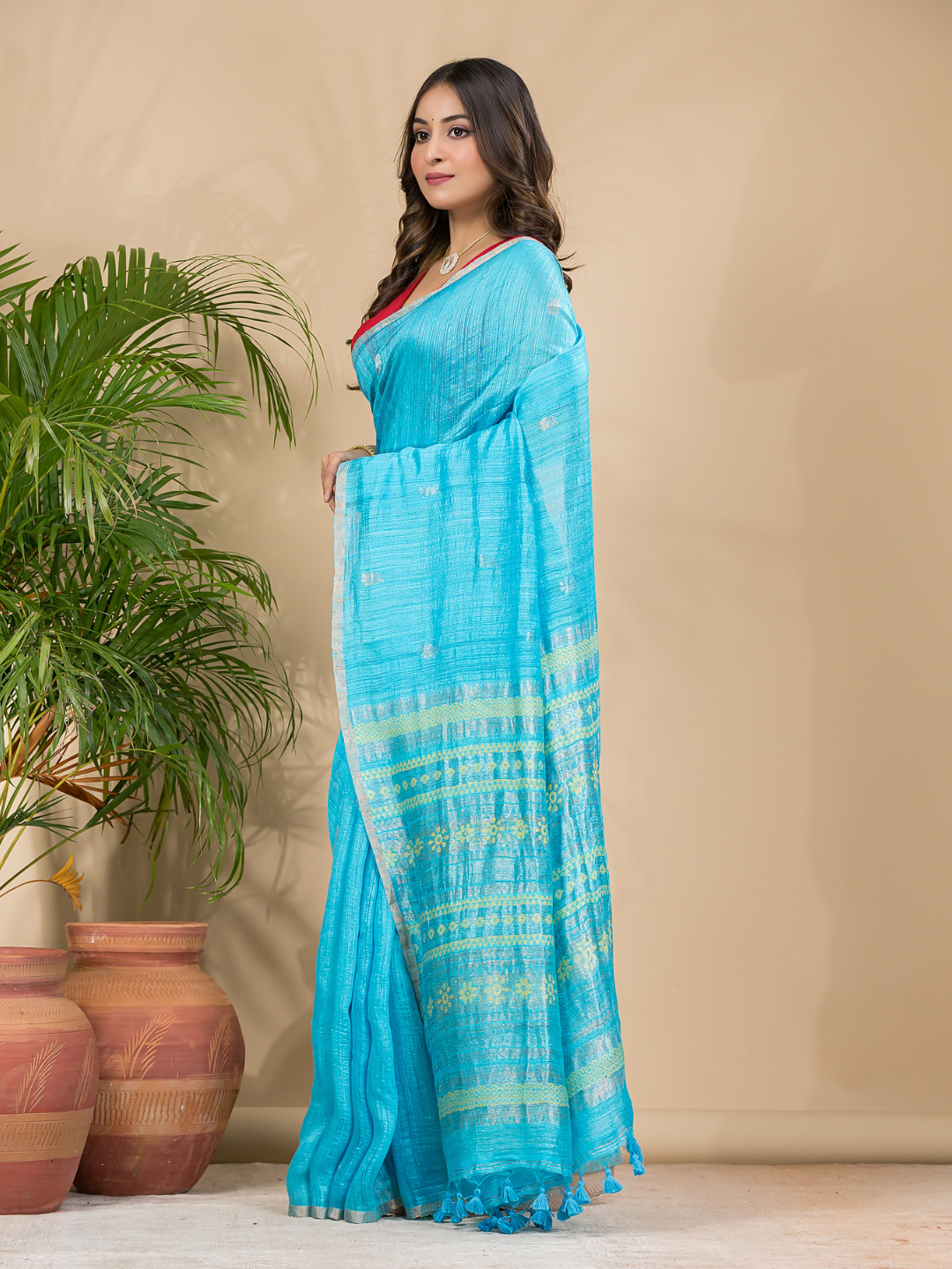 Matka Silk Jamdani Saree With Aqua Blue - 019