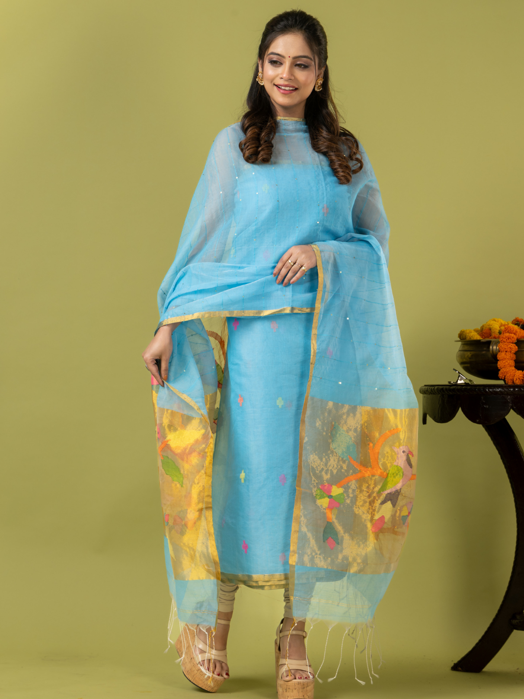 Handwoven Jamdani Muslin Unstitched 2-piece Kurti | Sky Blue