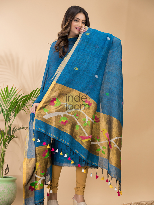 Classic Blue Linen X Linen 2-Piece Set Kurti & Dupatta (UNSTITCHED) - 074