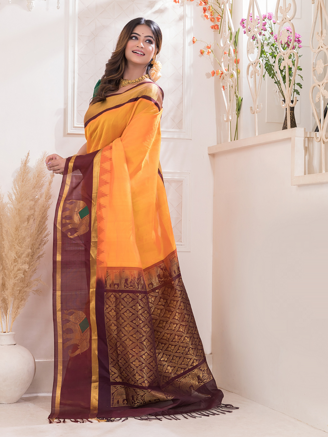 Pure Handloom Korvai Silk Cotton Saree in With Pumpkin Orange- 500