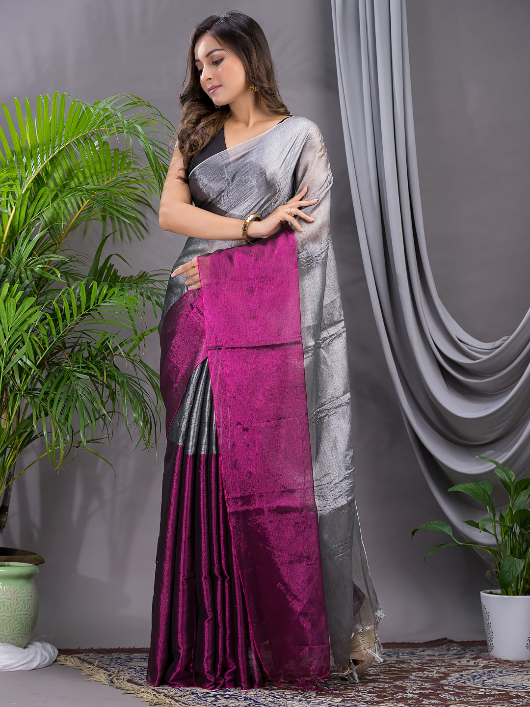 Tissue Silk Saree With Steel Grey - 010