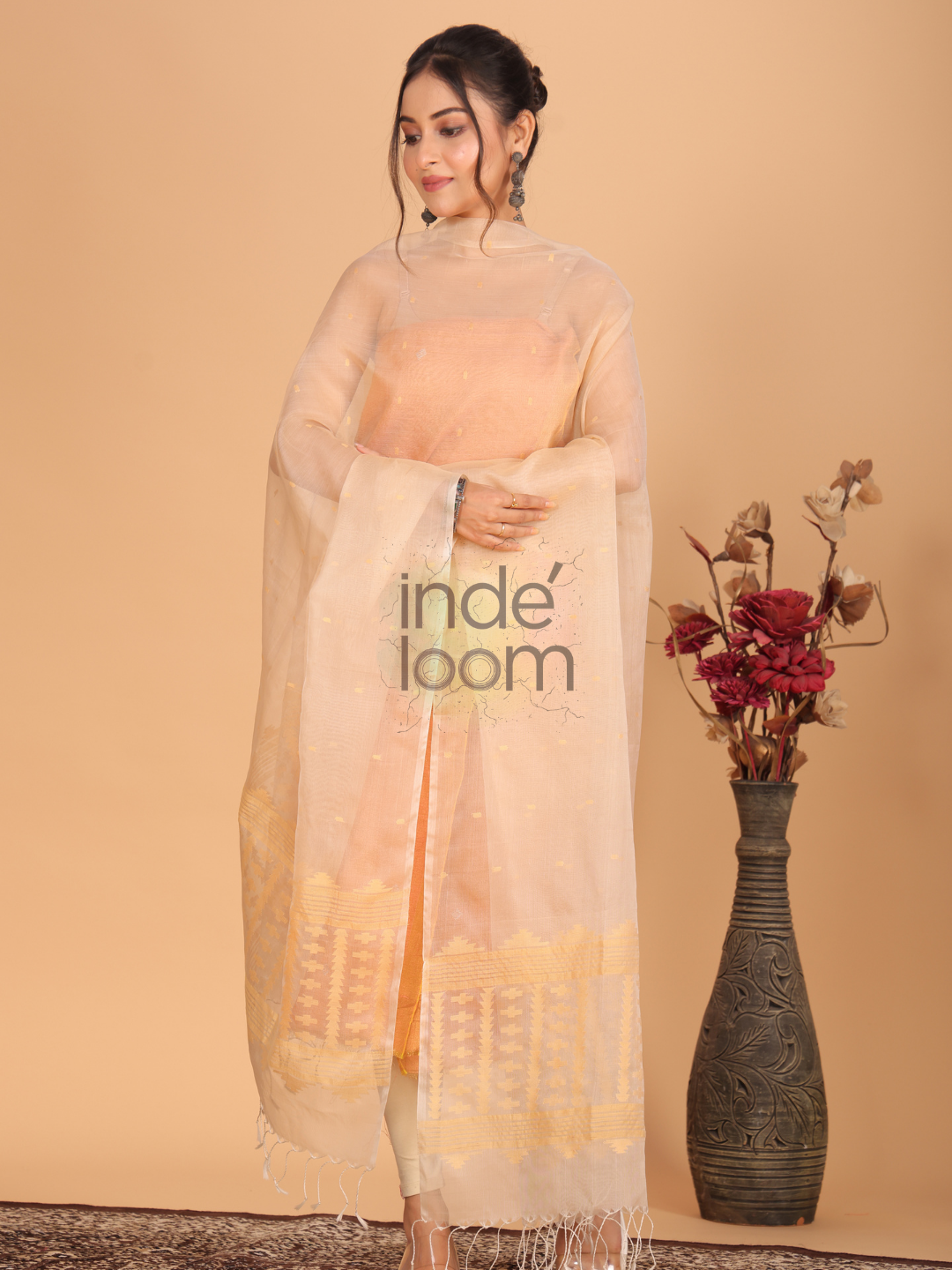 Pure Handloom Muslin Jamdani Dupatta With Linen White  - 005