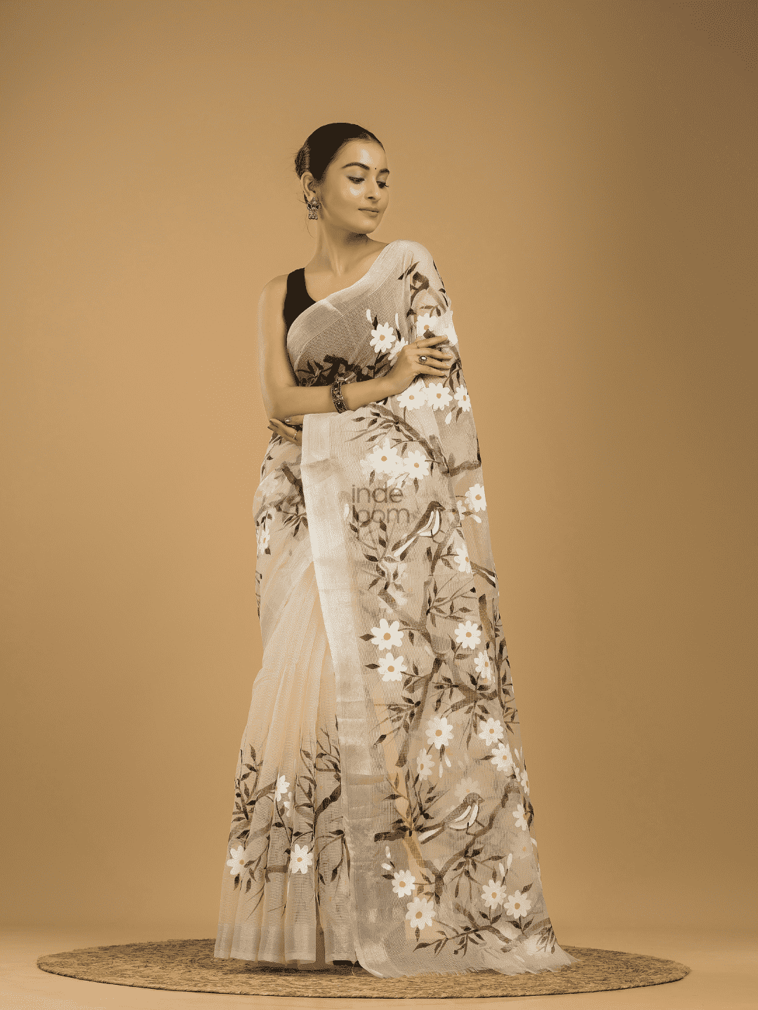 Kota Doria Handpainted Saree With Lace White - 003 - indeloom