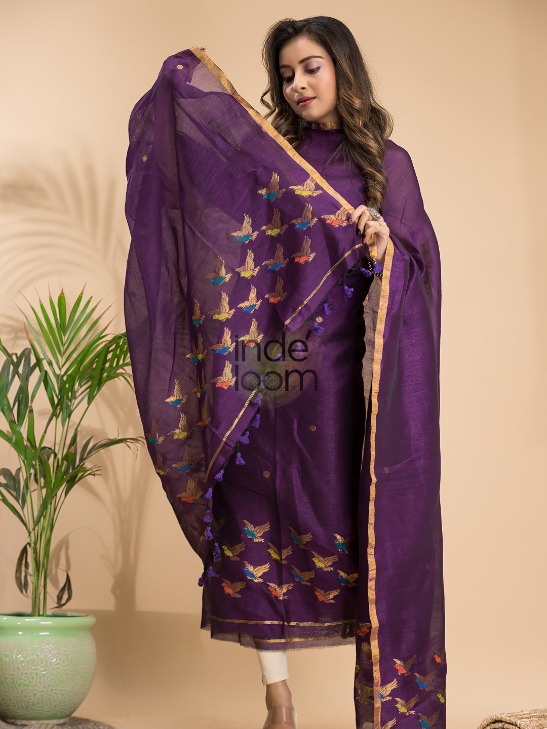 Wine Purple Cotton Linen 2-Piece Set Kurti & Dupatta (UNSTITCHED) - 003