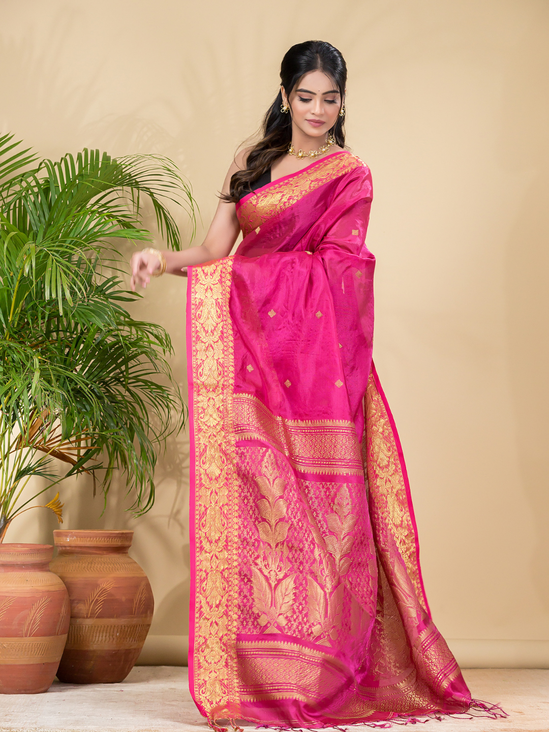 Tissue Silk Saree With Hot Pink - 028