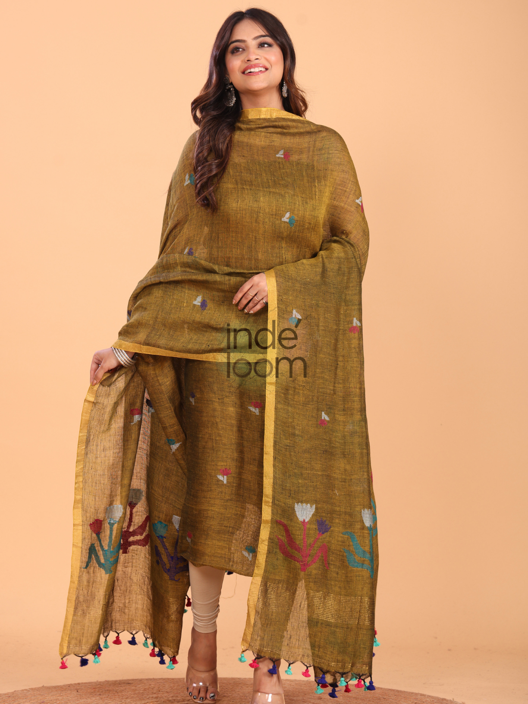 Aqua Green Linen Jamdani 2-Piece Set Kurti & Dupatta (UNSTITCHED) - 053