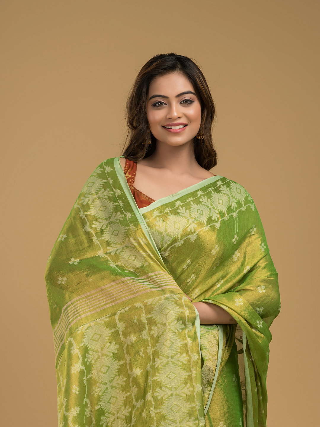Tissue Silk Jamdani Saree Olive Green -043
