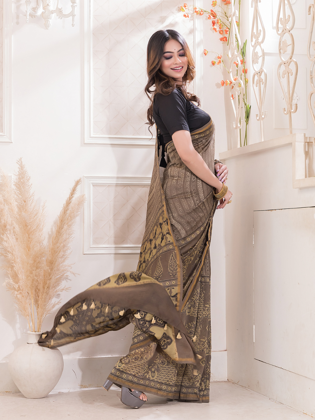 Ajrakh Exclusive Designer Modal Silk in Camel Brown - 050