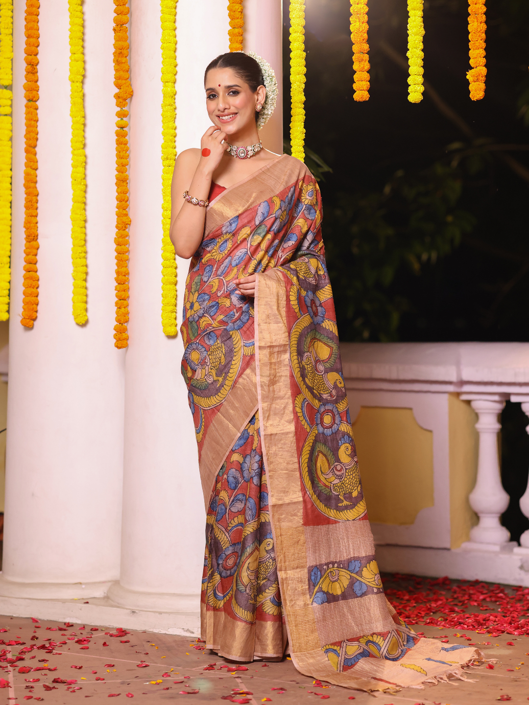Florals On Tissue Silk Pen Kalamkari Saree - 012