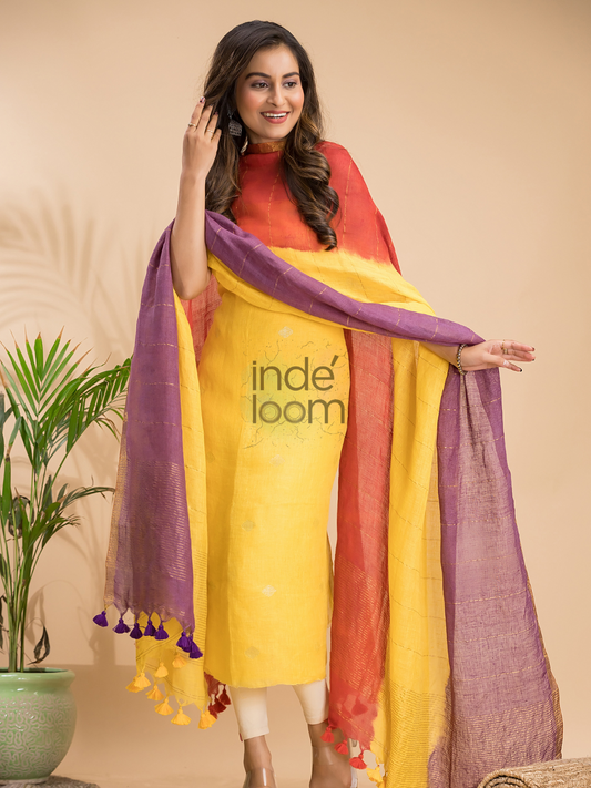 Handwoven Jamdani Linen Unstitched 2-piece Kurti  |  Sun Yellow