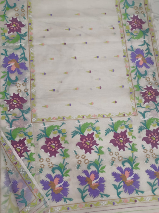 Handwoven Pure Jamdani Cotton Saree  |  Cream Beige