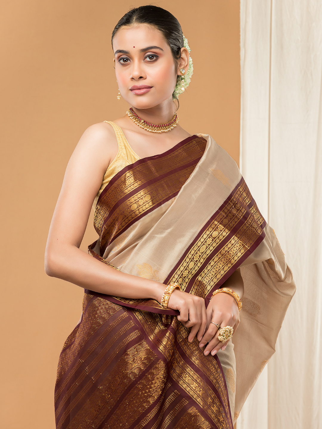 Pure Handloom Korvai Saree | Light Gold and Golden Dark Brown